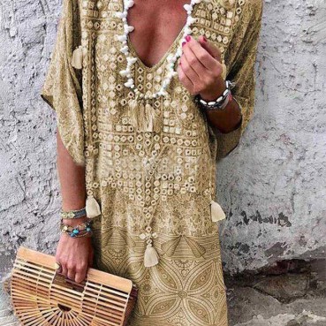 New boho style sexy V-neck printed fringed dress