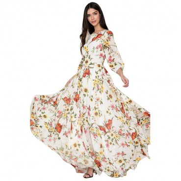 Spring and Autumn Womens New Style Bohemian Printed Chiffon Long Skirt Round Neck Sleeve Large Sleeve Waist Waist