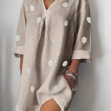 Spring and summer linen loose V-neck print nine-quarter sleeves slit dress