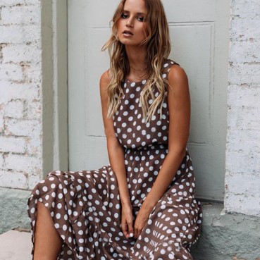 New Summer Beach Fashion All-match Print Polka Dot Round Neck and Swing Long Dress