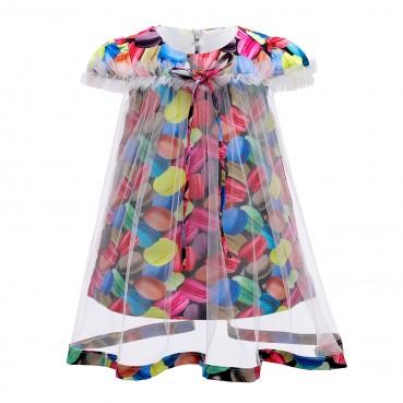 Childrens dress new girl chiffon skirt printed princess dress short-sleeved childrens dress net yarn childrens dress