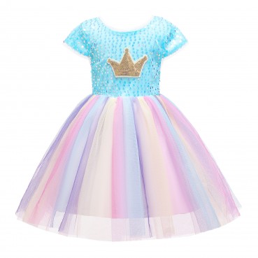 Girls dress spring and summer new childrens dress skirt girls childrens clothing rainbow mesh skirt crown sequin