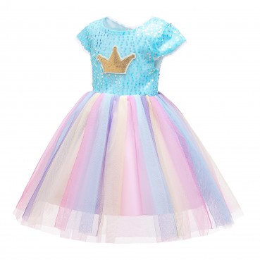 Girls dress spring and summer new childrens dress skirt girls childrens clothing rainbow mesh skirt crown sequin