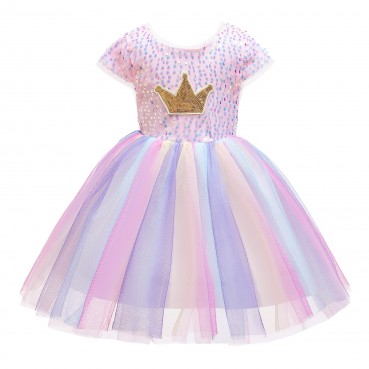 Girls dress spring and summer new childrens dress skirt girls childrens clothing rainbow mesh skirt crown sequin