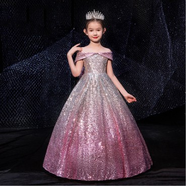 Childrens dress silver-blue gradient long tail dress girl host model catwalk piano show performance dress