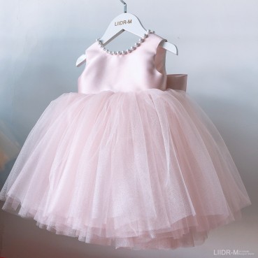 Childrens dress pink sweet open back bow baby first birthday dress fluffy gauze girls princess dress