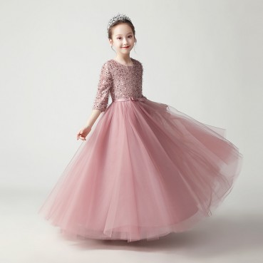 Girls long-sleeved princess dress, flower girl, fluffy yarn, childrens wedding dress, host, western style evening