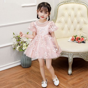 Pink childrens wedding dress, new princess dress, baby girl, little flower girl, foreign fluffy one-year-old dress