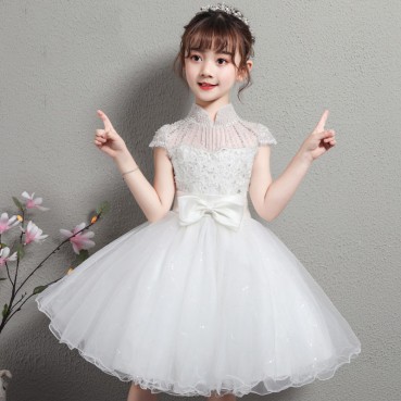 Girls dress skirt white beaded childrens dress small host performance flower girl piano catwalk costume summer