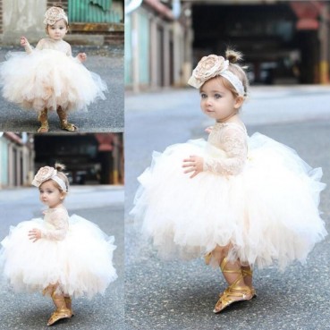 One-year-old dress female baby 2021 new princess dress fluffy yarn champagne color flower girl wedding dress small