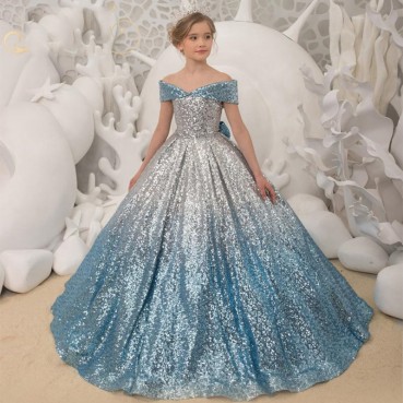 Childrens dress silver-blue gradient long tail dress girl host model catwalk piano show performance dress