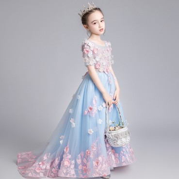 Childrens dress girls fluffy yarn tail catwalk host piano performance clothes fashion western flower girl princess