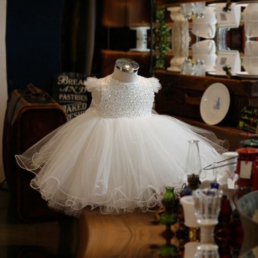 Childrens dress dress fashion white sequined princess dress fluffy yarn babys first birthday host dress