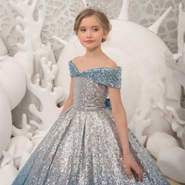 Childrens dress silver-blue gradient long tail dress girl host model catwalk piano show performance dress