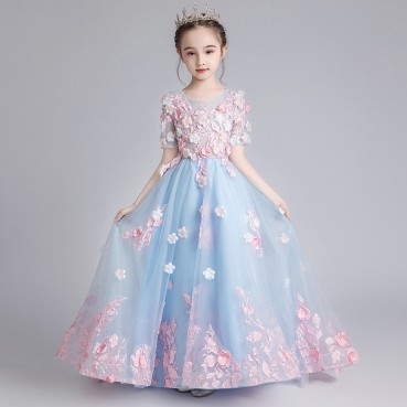 Childrens dress girls fluffy yarn tail catwalk host piano performance clothes fashion western flower girl princess