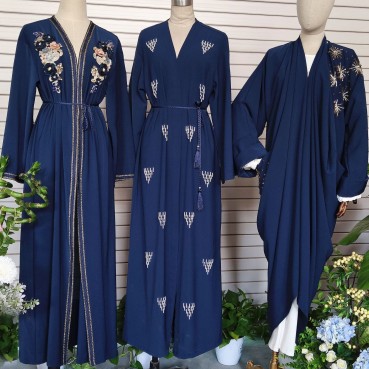 Hand-stitched pearl navy blue Muslim womens clothing Arab robe cardigan open kimono