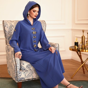 Blue-grey handmade diamond hooded robe ABAYA Muslim Middle East Southeast Asia Womens robe