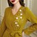 Mustard yellow hand-stitched diamond flower pleated spot new long-sleeved dress