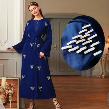 Hand-stitched pearl navy blue Muslim womens clothing Arab robe cardigan open kimono