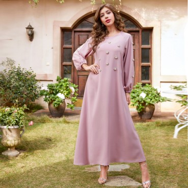 Pink Hand-sewn Rhinestone Pearl Long Sleeve Long Dress Middle East Long Dress