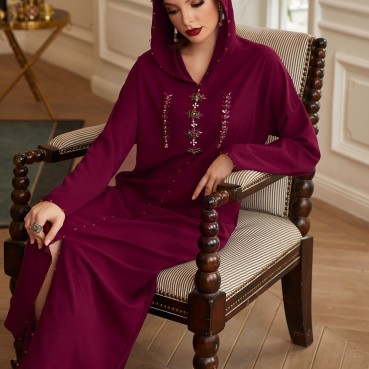 Dark red diamond ornament Moroccan style Middle East hand-stitched diamond robe abaya Muslim womens clothing