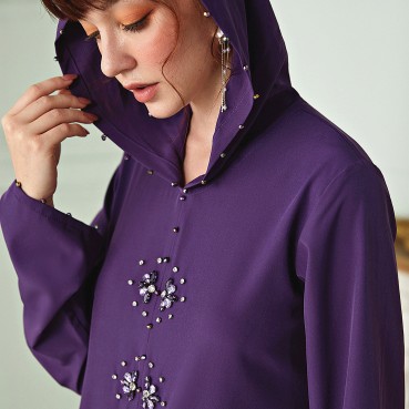 Purple Moroccan Hand-stitched Rhinestone Hooded Robe Middle Eastern Dress Womens Dress