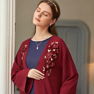 Dark red handmade flowers and diamonds Muslim dress Arab robe cardigan open kimono