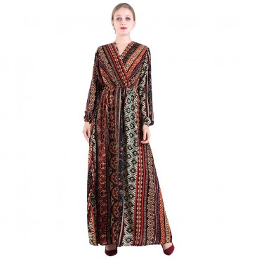 Ethnic print V-neck elastic waist summer dress Europe and America Muslim long skirt ladies dress ins