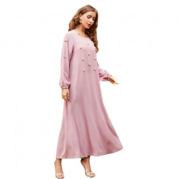 Pink Hand-sewn Rhinestone Pearl Long Sleeve Long Dress Middle East Long Dress