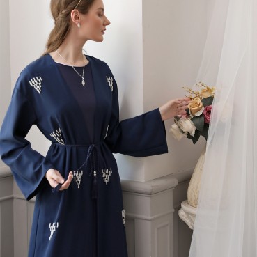 Hand-stitched pearl navy blue Muslim womens clothing Arab robe cardigan open kimono