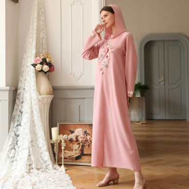 Pink hooded handmade flowers fresh fairy casual long dress dress Moroccan robe