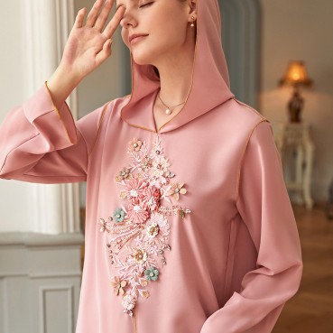 Pink hooded handmade flowers fresh fairy casual long dress dress Moroccan robe