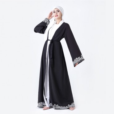 Womens cuffs and hem positioning embroidered black cardigan robe