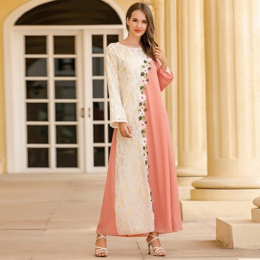 Embroidered gold-woven and color-blocking robe, ethnic style, womens clothing, casual long skirts, Dubai holiday