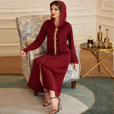 Dark red gold trim hand-sewn diamond hooded robe ABAYA Muslim Middle East Southeast Asia Womens clothing