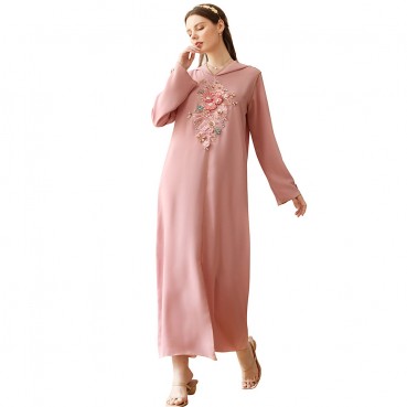 Pink hooded handmade flowers fresh fairy casual long dress dress Moroccan robe