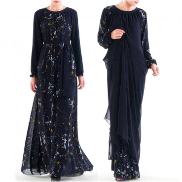 Fashion womens dress chiffon both sides wear printed dress long skirt Muslim womens clothing