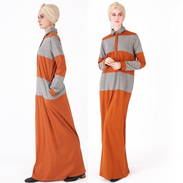 Muslim womens fashion color matching long-sleeved plus size shirt collar dress casual knitted long skirt