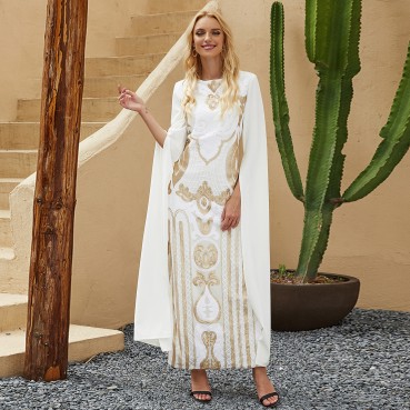 White long-sleeved golden positioning embroidery middle east dress robe abaya