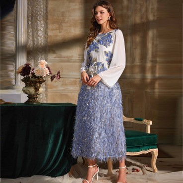 Jacquard gold woven blue feather long-sleeved dress Turkey Middle East Southeast Asia Womens Clothing Ethnic