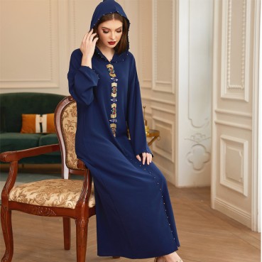 Tibetan blue gold tube Moroccan style Middle Eastern light luxury hand-sewn diamond robe abaya Muslim womens clothing