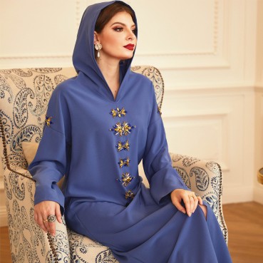 Blue-grey handmade diamond hooded robe ABAYA Muslim Middle East Southeast Asia Womens robe