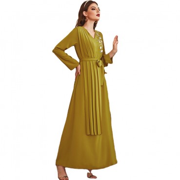 Mustard yellow hand-stitched diamond flower pleated spot new long-sleeved dress