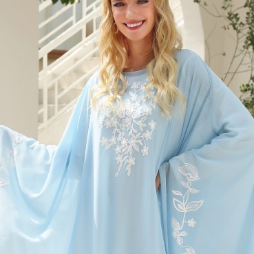 Light blue thick thread positioning embroidery cloak ethnic style loose long coat Dubai travel robe