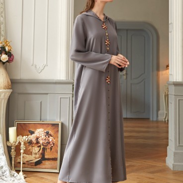 Grey hooded nail drill Middle East light luxury hooded hand-sewn drill gown Womens clothing New Middle Eastern