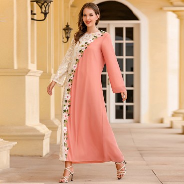 Embroidered gold-woven and color-blocking robe, ethnic style, womens clothing, casual long skirts, Dubai holiday