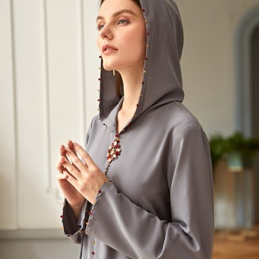 Grey hooded nail drill Middle East light luxury hooded hand-sewn drill gown Womens clothing New Middle Eastern