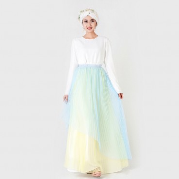 Southeast Asia ins double layer pleated color mesh elastic waist half skirt long skirt