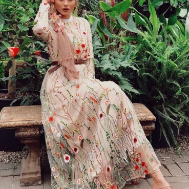 ins net red new full-width flower embroidery European and American long-sleeved full-length dress long skirt