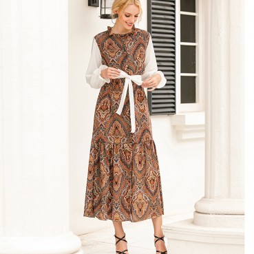 White sleeves printed cardigan dress summer flower bud collar impervious new long skirt ABAYA